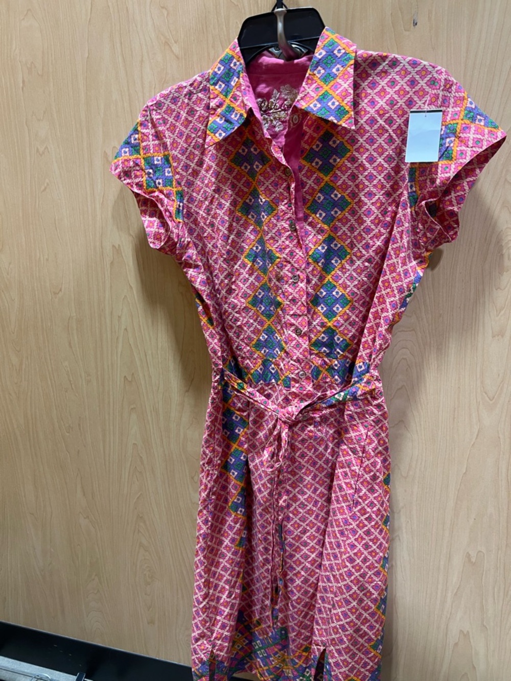 Pink Patterned Button-Front Shirt Dress